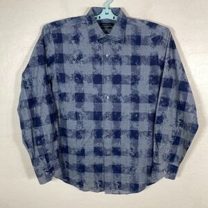 Bugatchi Shirt Mens Medium Blue Button Up Long Sleeve Classic Fit Check Cotton